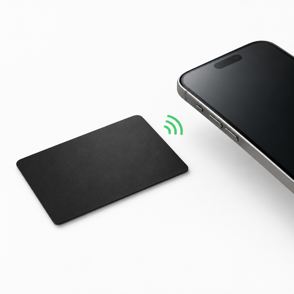 Cartão TapLink NFC sendo aproximado de um celular
